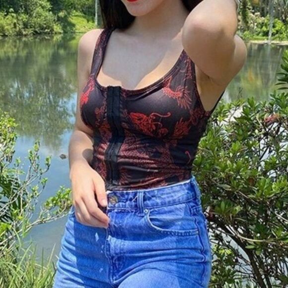 SHEIN Women's Chinese Dragon Print Ruched Bust Hook and Eye Tank Top - Picture 1 of 4